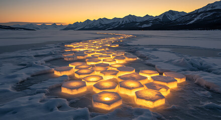 Illuminated ice cubes create a glowing path towards majestic mountain peaks at dusk, ice, cubes, illuminated, glowing, pathway, trail, scenic, landscape, winter, cold, snow, sunset, dusk, mountains, s