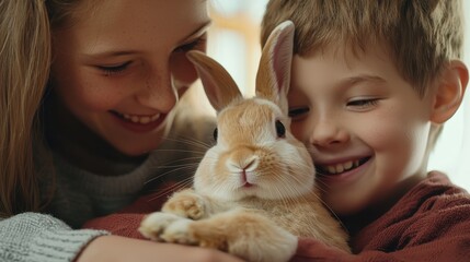 Family Introducing Adopted Rabbit to Children