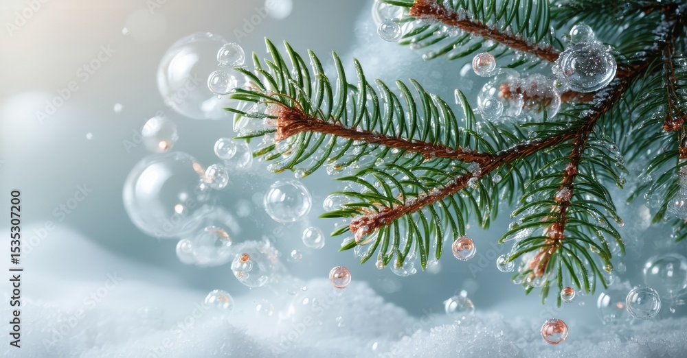Aufkleber winter branch covered with snow, bubbles floating around. soft light creates magical, frosty scene. 