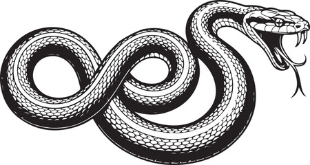 Obraz premium venomous snake illustration in black and white vintage style showing coiled body with open mouth and fangs