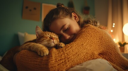 Teen Girl Cuddling Adopted Cat on Bed