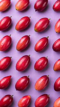 Vibrant pattern of fresh red tongo fruits on purple background wallpaper