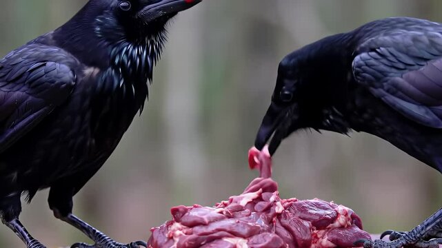 Two Shiny Black Ravens Eating Raw Red Meat on Blurry Background Animal Wildlife