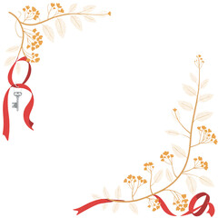 Elegant Golden Botanical Corner Design with Red Ribbons