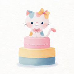 artistica acuarela de tonos pastel con una gatita con lazo amarillo encima de una tarta con dos pisos, sobre fondo blanco. Conepto cumpleaños y celebraciones