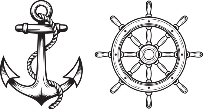 anchor and ship steering wheel nautical symbols with rope detail vintage maritime equipment illustration