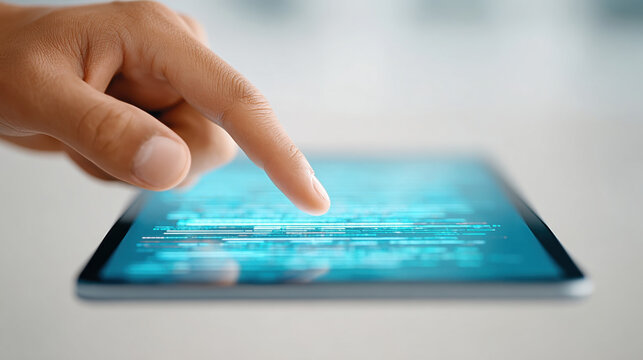 Closeup of human hand touching digital tablet screen with glowing data lines, technology and innovation concept, modern interface interaction, futuristic and creative mood