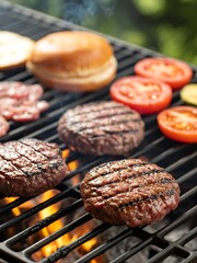 Grilled Hamburgers, Buns, and Tomatoes Cooking on Outdoor Barbecue Grill

