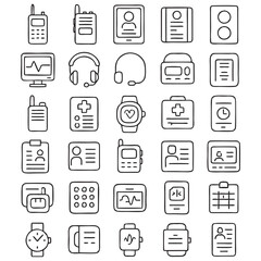 30 Medical Communication and Monitoring Equipment Icons – Black and White Outline Vector Set