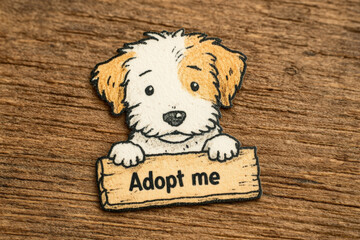Lindo cachorro de dibujos animados pidiendo adopción con un cartel que pone Adopt me, sobre fondo de madera
