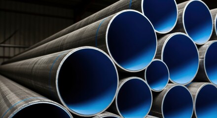 Close up angled view of a stack of industrial pipes with blue interiors in a warehouse.