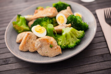 Chicken breast with broccoli and quail eggs on plate for healthy dinner