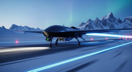 Futuristic black stealth drone on a snowy arctic runway with aurora borealis.