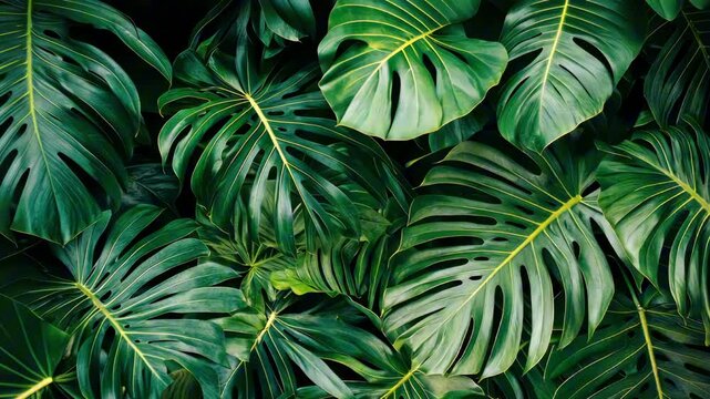 Close-up of overlapping monstera deliciosa leaves forming a vibrant, natural backdrop