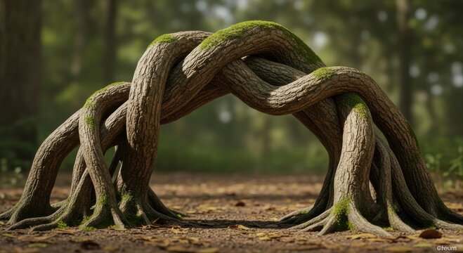 Thick intertwined tree roots covered in moss forming a natural arch in a forest