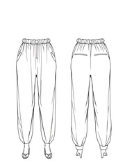 Women's Harem slouch pants  flat sketch fashion illustration drawing front and back view