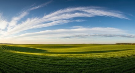 Panoramic view of vast green agricultural fields under a bright blue sky