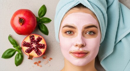 Young woman with pink facial mask and pomegranates for natural skincare