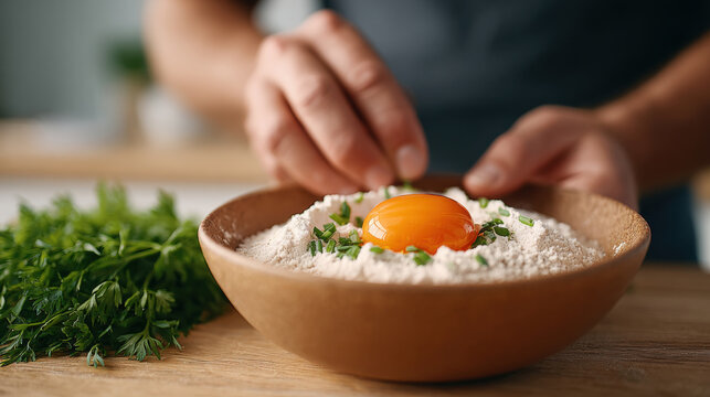 Hand cracking egg into wooden bowl with flour and fresh herbs, preparing ingredients for baking or cooking in kitchen, natural light, close up - Powered by Adobe