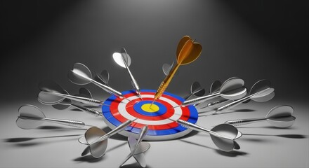 Precision and success golden dart hits bullseye while other darts miss target