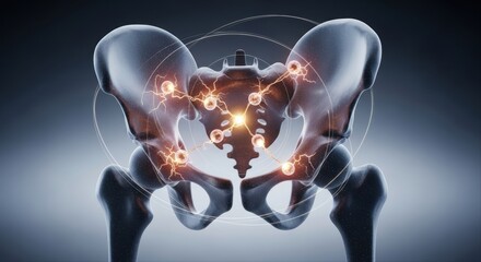 Conceptual 3d render of human pelvis and hip bone with pain indication