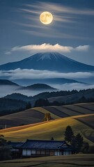 Full Moon Over Mount Fuji with Rolling Fields and Japanese Farmhouse, 4k