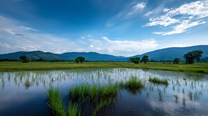A beautiful, sun-drenched spring summer meadow. Natural colorful panoramic landscape with many wild flowers of daisies against blue sky. A frame with soft selective focus.