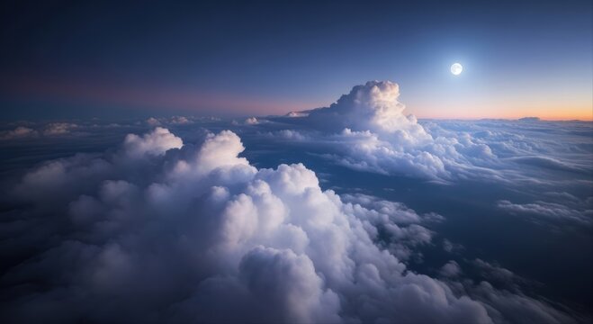 Expansive aerial view above fluffy clouds with a bright moon in the twilight sky