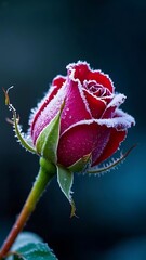 Red Rose Bud Covered in Frost and Dew on a Dark Background, 4k