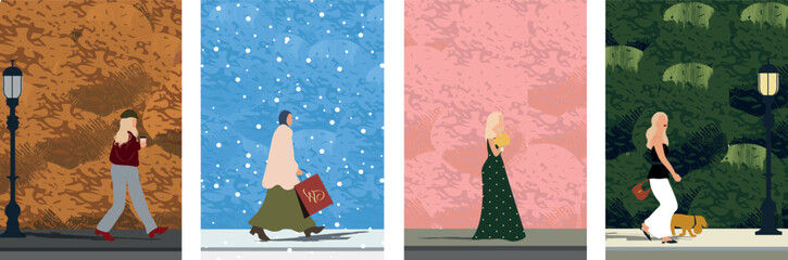 Vector illustration featuring four stylish women walking through the seasons: autumn, winter, spring, and summer.  A cohesive seasonal concept for editorial use, posters, or seasonal design projects.