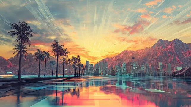 Cityscape at Sunset with Palm Trees