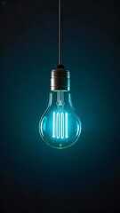 Glowing Blue Filament Light Bulb Hanging on a Dark Background, 4k