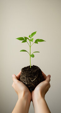 A pair of hands cradling a young plant and its soil ready for planting or carem plant, sapling, sprout, seedling, growth, hand, holding, soil, earth, life, new beginnings, nature, environment, care, n