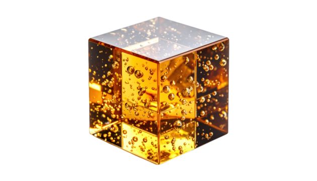 Amber glass cube with bubbles isolated on transparent background
