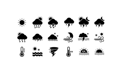Weather icon set with diverse sun, rain, clouds, and thermometer icons. Perfect for weather apps, websites, presentations, and designs.