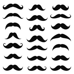 Moustache icons. Black moustaches, man accessories or props. Barber shop, gentlemen model face hairs. Isolated hipster fashion vector set