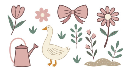 Adorable hand drawn spring garden elements featuring flowers goose bow and watering can vector