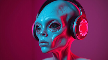An alien character wearing purple headphones, giving a futuristic and imaginative vibe.