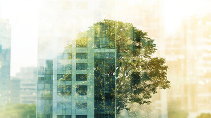 Double Exposure of Green Tree and Modern Building Representing Eco Urban Development