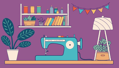 A vibrant tailor's workspace with a blue sewing machine, sewing essentials, plants, decorations, and tools on shelves, all set against a purple background.         