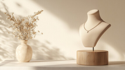 Elegant Necklace Display on Mannequin with Minimalistic Floral Decor
