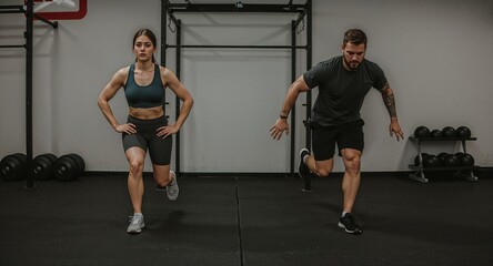 serious couple doing synchronized burpees at crossfit center