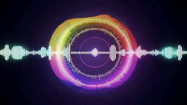 Rainbow coloured circular equaliser pulses sync imaginary audio dots flowing smoothly VJs podcast visuals club LED screens receive crisp k loop conveying rhythm multitone