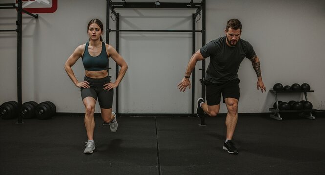 serious couple doing synchronized burpees at crossfit center