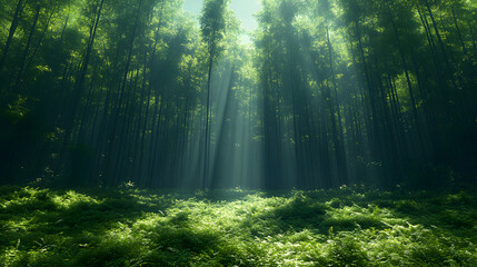 Sunlight filtering through dense forest, illuminating lush green undergrowth
