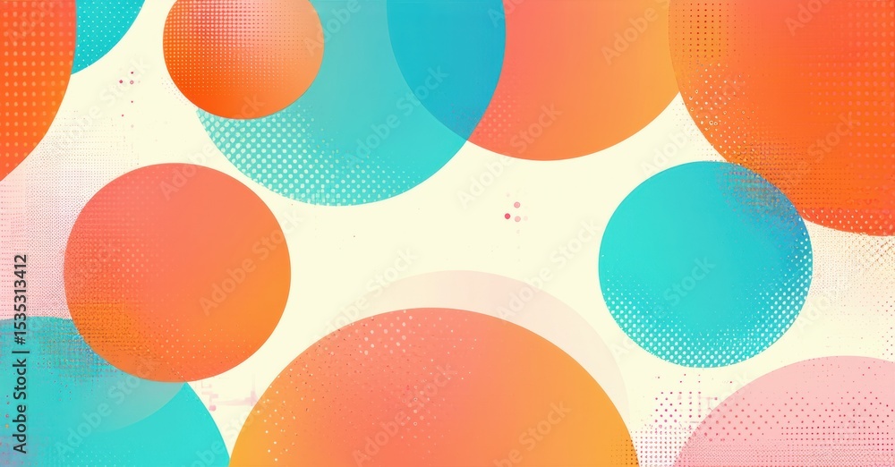 Poster Abstract circles overlap, creating vibrant color gradients. Peach, turquoise hues dominate pale background. Dots add texture.