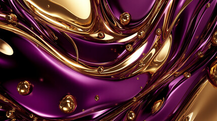 Glossy Abstract Liquid Art with Gold Droplets and Purple Flow