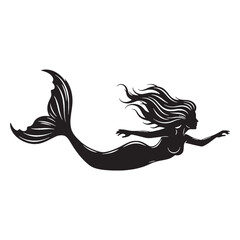 Monochrome Siren Dangerous Singer Form Depiction with Sad Eyes and Rocky Home - siren silhouette - siren vector - silhouette of siren - Siren illustration
