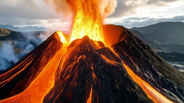 Spectacular volcano erupting with flowing lava against mountainous landscape with smoke and ash rising in the sky, nature's fury
