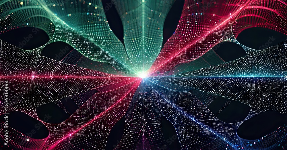 Poster Abstract fractal design. Vibrant colors radiate from central point. Complex network, glowing particles create stunning visual effect.